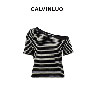 calvinluo不对称露肩条纹，t恤设计师款，24易梦玲(易梦玲)同款