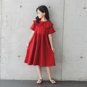 女童红色连衣裙夏季纯棉娃娃领短袖儿童裙子大童小女孩洋气公主裙