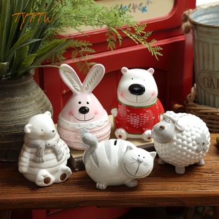 可爱卡通猫咪彩色陶瓷动物玩偶摆放手工绵羊桌面装饰储钱罐礼物