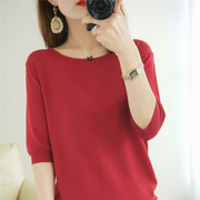 夏季薄针织圆领短袖T恤女冰丝外穿上衣棉麻半袖网红体恤衫线衣