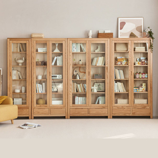 简约实木书架组合北欧抽屉，收纳储物柜书房橡木，带门书柜原木置物架