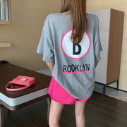  韩版灰色粉色印花字母宽松短袖T恤//A579