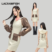 lacrawfish韩系辣妹披肩撞色连帽后腰绑带连衣裙罩衫，两件套装女