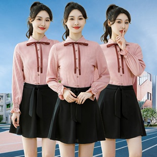 条纹衬衫女短裙套装，韩版时尚蝴蝶结雪纺衫，女式上衣短裙裤两件套