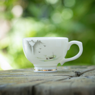 羊脂玉茶杯白瓷品茗杯带把防烫陶瓷小茶碗功夫茶具主人单杯个人杯