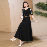黑色连衣裙2024女高端气质修身设计感超腰带长裙到脚踝1682