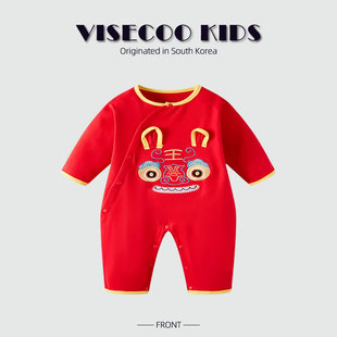 韩国visecoo新生婴儿满月礼服，红色加绒连体衣宝宝，百天周岁小老虎