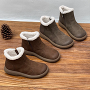 复古手工真皮棉靴，2023冬季圆头短筒平底绒里保暖软牛皮棉鞋女