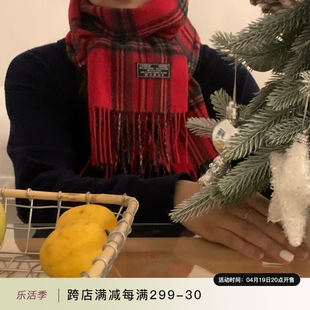 定制款~韩国新年纯羊毛红色格子围巾女冬季保暖复古护颈格纹围脖