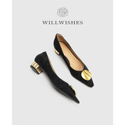 WILLWISHES  法式女鞋2024春季时尚单鞋女中跟尖头粗跟浅口鞋