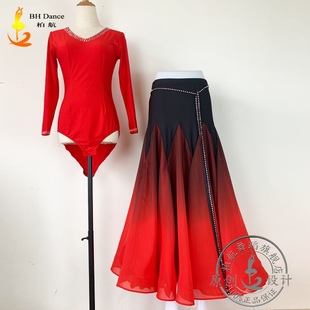 2021bh摩登舞裙，交谊舞套装黑红渐变色雪纺，大摆裙量身定制