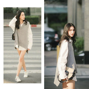 maidavika超模同款时尚潮，两件套灰色v领马甲，毛衣+白色衬衫女