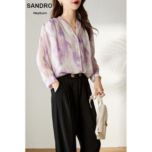 Sandro Hepburn夏季紫色衬衣法式V领桑蚕丝长袖衬衫印花上衣女装