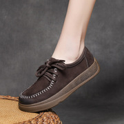 吉树24春鞋休闲系带真皮，平底鞋头层牛皮，马克线中跟牛筋底单鞋