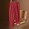 韩国红色冰丝哈伦裤女夏季薄款高腰显瘦八分萝卜裤重磅铜氨丝女裤