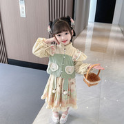 儿童汉服2024秋季女童中国风长袖复古汉服套装灯芯绒童唐装两件套