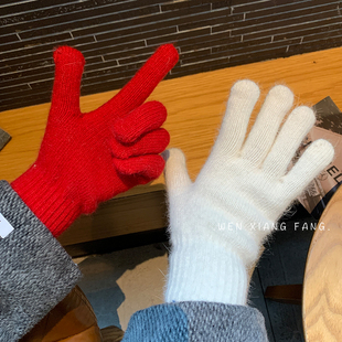 纯色兔毛针织毛线手套女冬季可触屏红色保暖防寒五指新年圣诞加厚