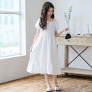女童连衣裙夏季2024韩版灯笼袖纯白色方领气质公主裙子中大童