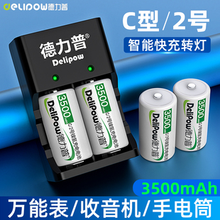 德力普充电电池2号充电器套装，大容量1.2v镍氢手电筒c型二号可充电