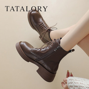 TATA LORY女鞋系带马丁靴真皮侧拉链厚底粗跟圆头骑士靴短靴黑色