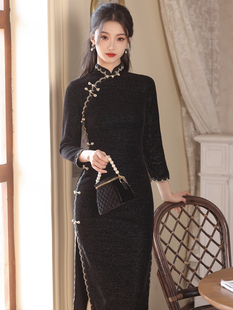 黑色雪尼尔长款旗袍2023秋冬老上海复古风优雅气质长袖连衣裙