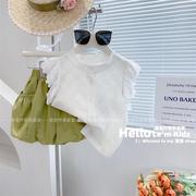 2022夏季女童韩版洋气蕾丝无袖花边镂空背心花苞短款二件套装