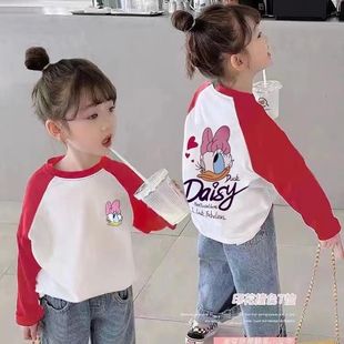 女童纯棉长袖拼色t恤2023年韩版春秋，可爱上衣中小童打底衫t