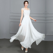 2023白色雪纺连衣裙加长款大摆纯色长裙，显瘦气质海边度假裙仙