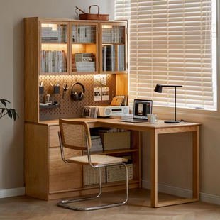 小七的木头家具实木转角，书桌l型书架，一体电脑学习桌拐角组合书柜