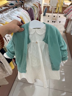 韩国童装 24春夏女童宝时尚洋气清新绿提花纯色针织开衫 毛衣