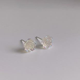 法式七彩玫瑰花耳钉925银针小香风，简约设计感小众，高级养耳洞耳环
