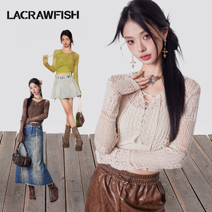 lacrawfish韩系复古连帽抽绳镂空针织罩衫，吊带背心上衣套装女