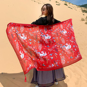 印花红色围巾女薄民族风沙漠旅游拍照外搭遮阳防晒披肩沙滩巾丝巾