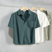 浅绿色衣服夏季衬衫男短袖工作服职业装免烫抗皱口袋，款衬衣五分袖