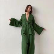 新法式宽松上衣长裤套装双层纱布睡衣汗蒸服 top long pants suit