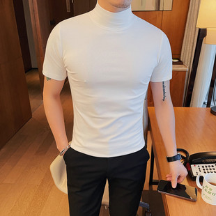 秋季韩版修身男士半高领短袖T恤型男紧身弹力时尚纯色圆领打底衫