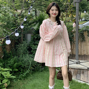 韩系甜美重工减龄系带碎花连衣裙女小个子2023秋季可爱粉色短裙子