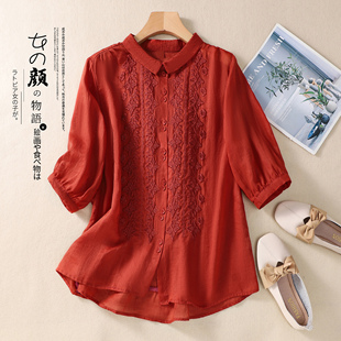 新中式夏七分袖刺绣苎麻宽松衬衫女文艺复古设计感棉麻上衣