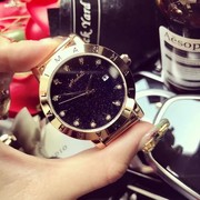 士女手表紫色黑面钢带，日历时尚圆形石英，玫瑰金色普通国产腕表