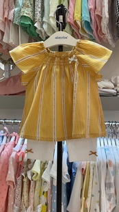 韩国童装 22夏女童宝宝气质小淑女黄色大飞袖衬衣 中裤套装D5