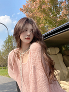 秋季粉色马海毛套头毛衣女高级感宽松慵懒风长袖镂空针织罩衫薄款