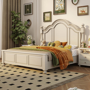美式白色全实木高箱双人床，风格家具1.8米婚床原木欧式铺板床卧室