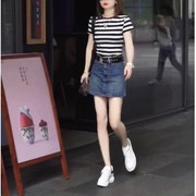韩国设计师CherryKoko夏季时尚条纹打底衫高腰牛仔短裙显瘦女