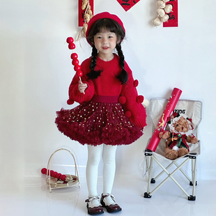 小蜜糖童装女童酒红tutu裙纱裙，毛球球上衣套头毛衣红色新年拜年服