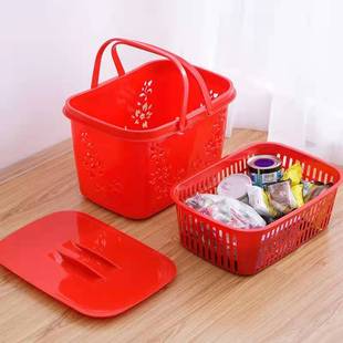 家用塑料超市购物双层带盖大红篮子买菜水果零食收纳野餐手提篮