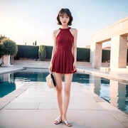 酒红色泳衣女款保守遮肚2023高颜值显瘦夏季连衣裙度假游泳衣