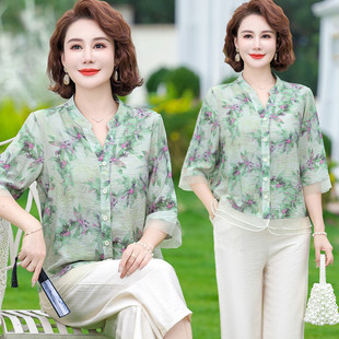 洋气妈妈夏装棉麻短袖套装女士棉绸衬衫中老年女夏季纯棉T恤小衫