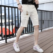 夏季牛仔短裤男白色五分裤欧版潮流，修身中裤子破洞弹力休闲马裤薄