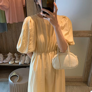 黄色泡泡袖收腰连衣裙女高腰2023年夏季日系短袖长裙
