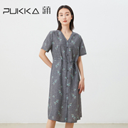 蒲PUKKA原创设计女装夏季法式V领显瘦气质短袖印花连衣裙